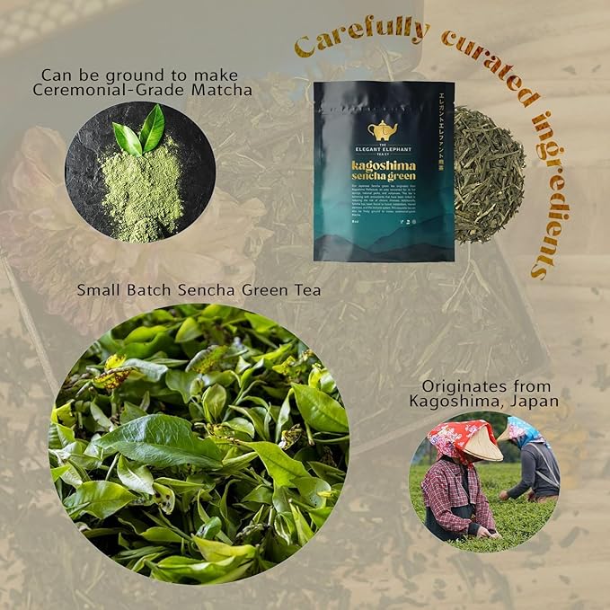 Japanese Sencha Green Tea, Organic Loose Leaf Sencha Tea – Antioxidant & Detox Support – Refreshing Hot or Iced Green Tea – 4 oz Resealable Bag (Makes 50 Cups) – The Elegant Elephant-GlimoraGlow