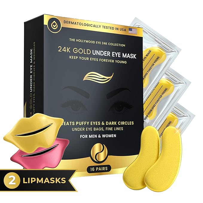 16 Pairs Gold Under Eye Patches with 2 pieces of Lip Mask | Under Eye Mask Dark Circles and Puffiness | Wrinkles Patches with Hydrogel | Collagen Eye Pad-GlimoraGlow