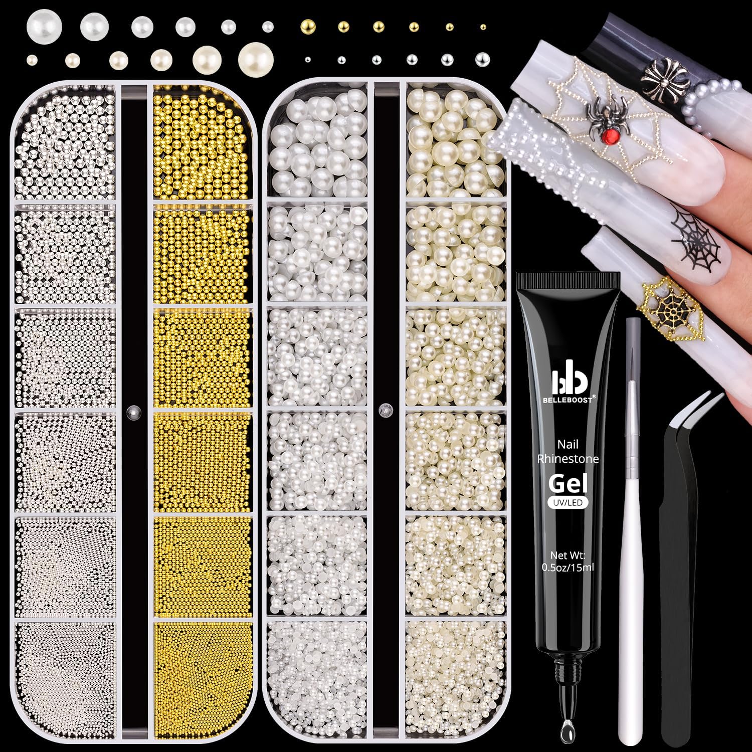 2 Boxes Flatback Pearls (White+Beige) and Silver+Gold Nail Beads for Nail Art with Rhinestone Glue Gel, Pearl Nail Charms and Gems and Small Round Caviar Beads for Acrylic Nail Tips Manicure-GlimoraGlow