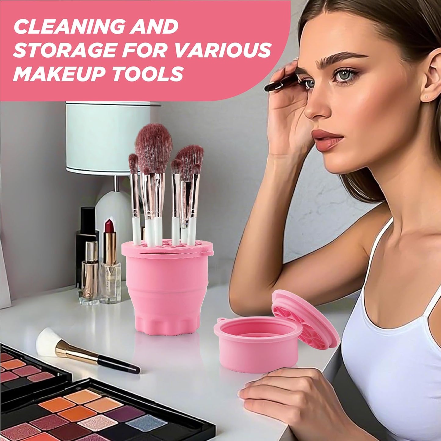 Makeup Brush Cleaner - Foldable Silicone Makeup Brush Cleaner Mat with Brush Storage Holder Makeup Brush Cleaning Bowl Cosmetic Brush Washing Tool for Cleaning Organizer and Drying (Pink)-GlimoraGlow