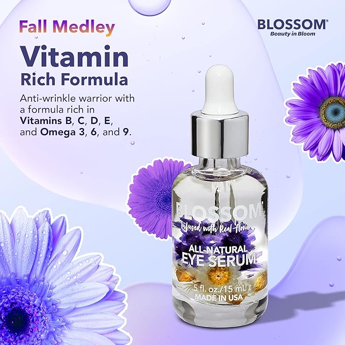 Blossom All Natural Organic Cruelty Free Moisturizing Eye Serum with Essential Oils, Infused with Real Flowers, Made in USA, 0.5 fl. oz., Fall Medley-GlimoraGlow