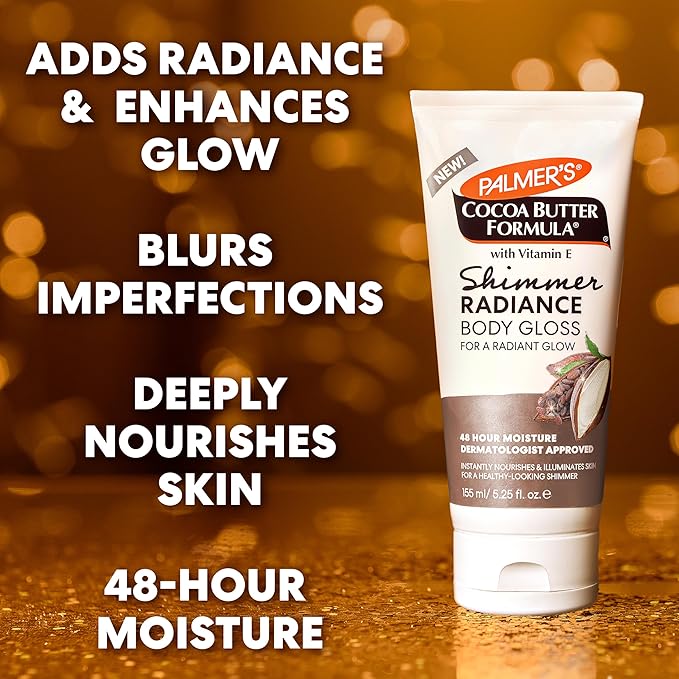 Palmer's Cocoa Butter Formula Shimmer Body Lotion with Vitamin E, 5.25 Fl Oz, Radiance Body Gloss, Help Blur Veins, Cellulite, Marks, 48 Hour Moisture-GlimoraGlow
