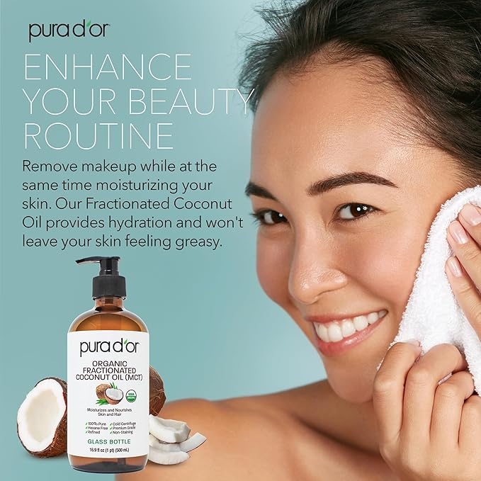 PURA D'OR 16.9 Oz ORGANIC Fractionated Coconut Oil MCT Oil (GLASS BOTTLE) 100% Pure & Natural USDA Certified Cold Pressed - Unscented, Hexane Free Moisturizer For Face, Skin & Hair Tonic - Men & Women-GlimoraGlow