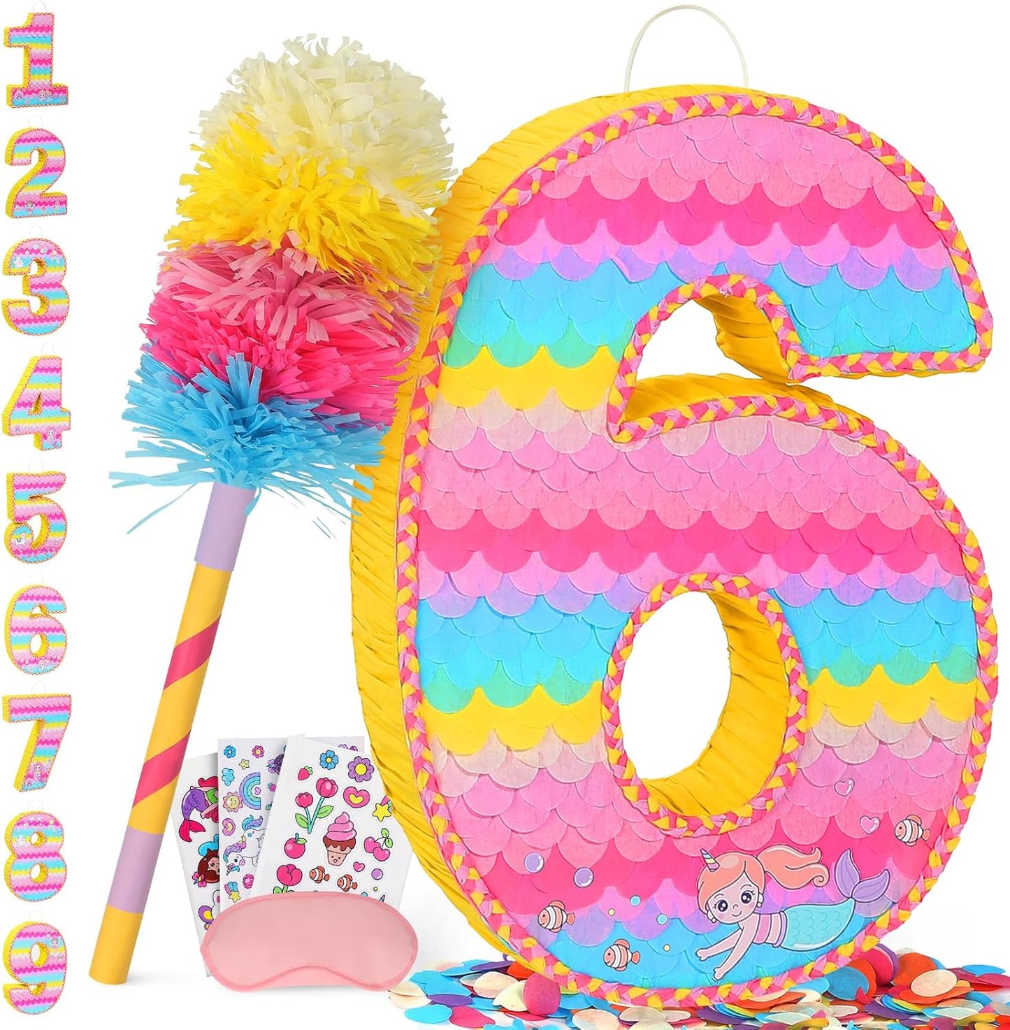 Number 6 Pinata for Birthday Party Decorations, Unicorn Mermaid Theme Pink Piñata Games Toy (6th)