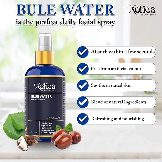 Xotics Blue Water Facial Spray - 8oz - Hydrating Face Mist with Aloe Vera - Refreshing Toner for Men & Women, Aftershave, Daily Moisturizing Splash for All Skin Types-GlimoraGlow