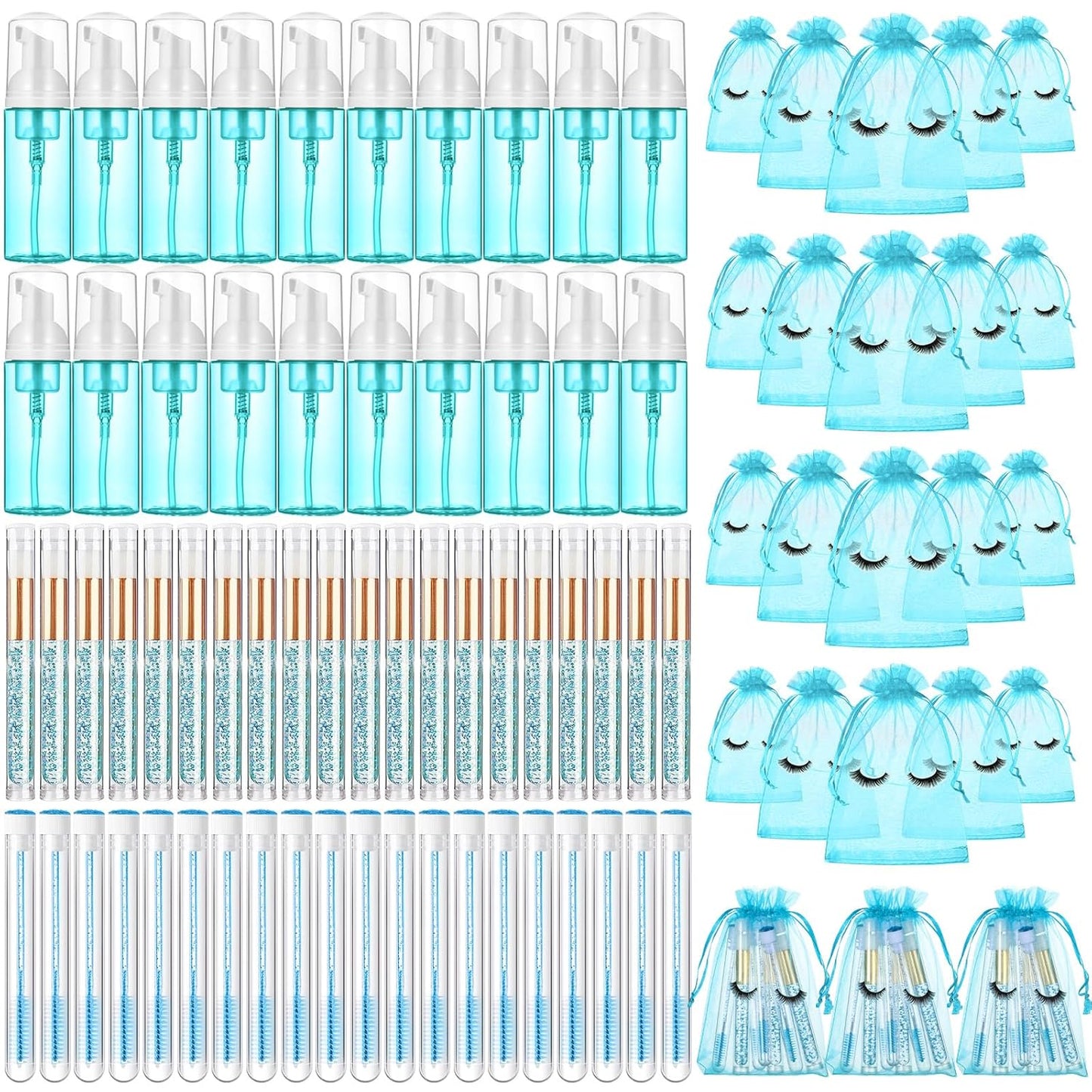 Zhehao 80 Pcs Lash Shampoo Bottle Brushes Kit 20 Foam Pump Dispensers 20 Lash Shampoo Brushes 20 Eyelash Aftercare Bag 20 Cleaning Pipes, Eyelash Extension Supplies(Blue)-GlimoraGlow