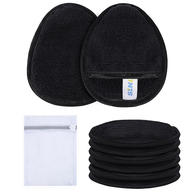 SINLAND Reusable Makeup Remover Pads For Face,Eye,Lips Microfiber Gentle Facial Cleansing Cloths for All Skin Types Friendly for Makeup Remover With Laundry Bag Black Pack of 6-GlimoraGlow