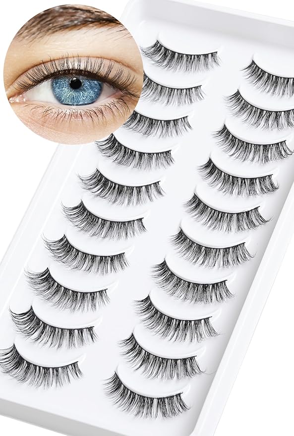 Lashes Wispy False Eyelashes Cat Eye Lashes Natural Look 3D Volume Fake Eyelashes Thin Band Lashes 12mm Natural Eye Lashes C Curl Siligli Lashes Pack 10 Pair-GlimoraGlow