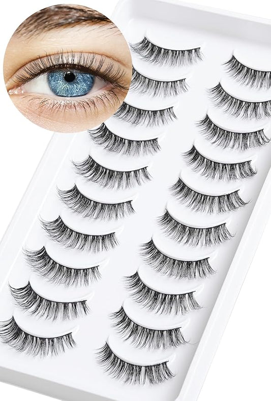 Lashes Wispy False Eyelashes Cat Eye Lashes Natural Look 3D Volume Fake Eyelashes Thin Band Lashes 12mm Natural Eye Lashes C Curl Siligli Lashes Pack 10 Pair-GlimoraGlow