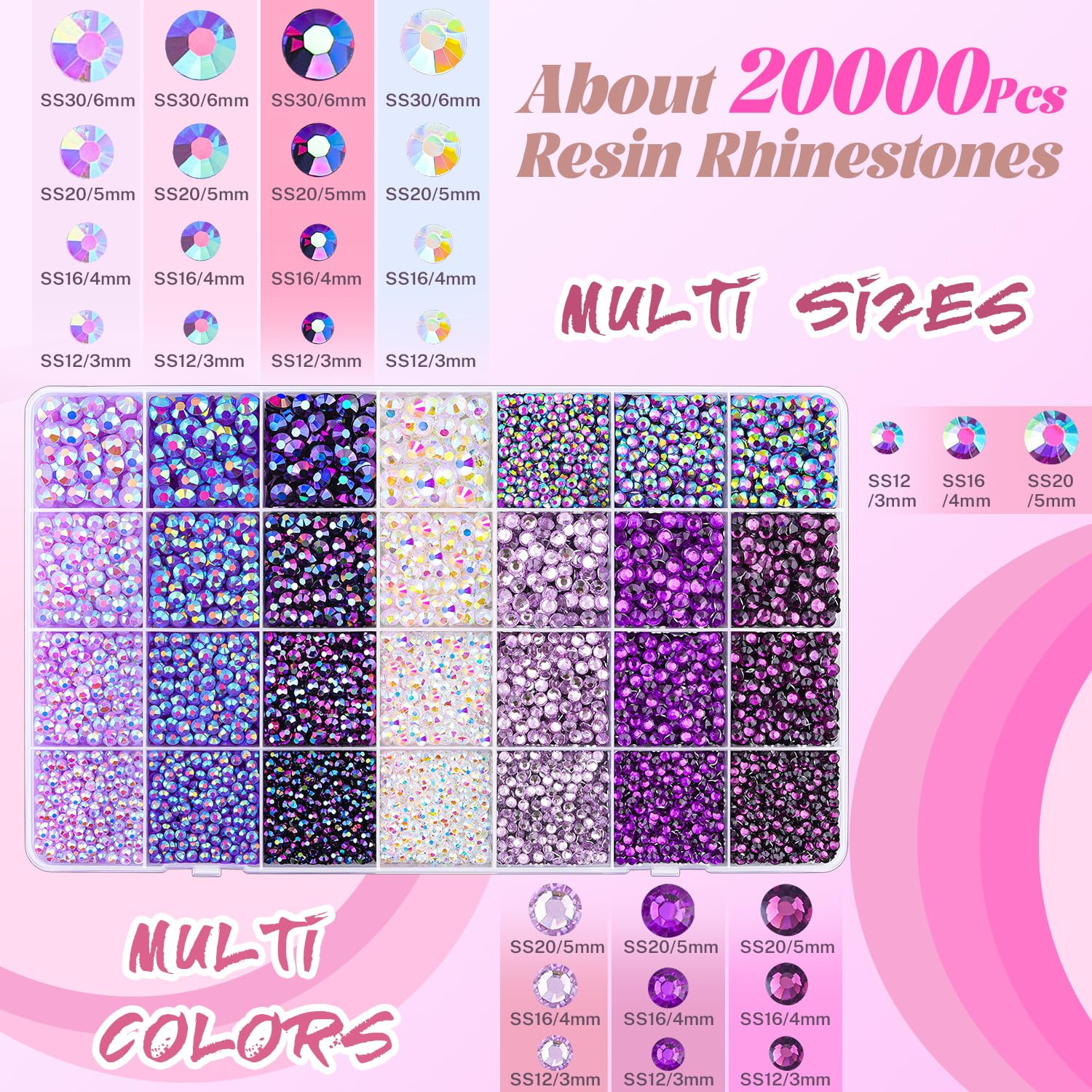 20000Pcs Purple Rhinestones for Bedazzling with 1Pcs B7000 Jewelry Glue, Resin Rhinestones for Crafting Crafts DIY, Bedazzler Kit Gems for Clothing Shoes Tumblers Nail Art Assorted Size 3/4/5/6mm-GlimoraGlow