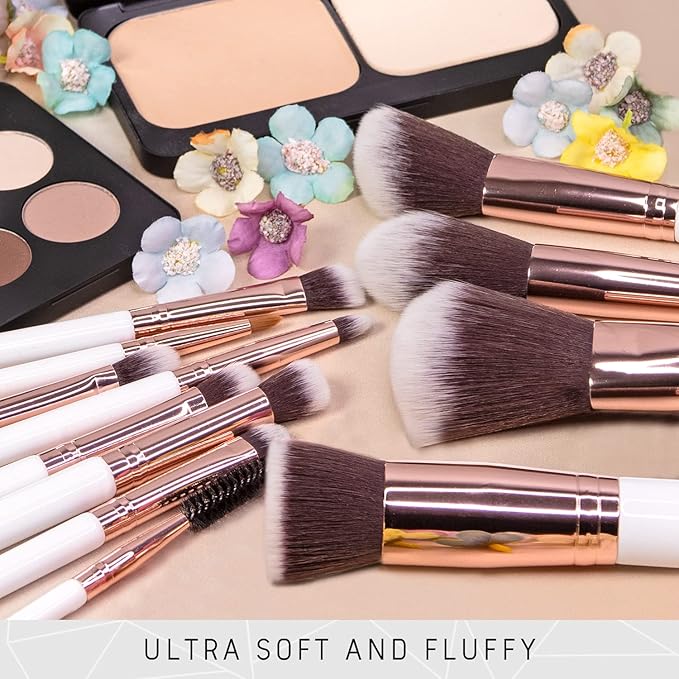 Niré Beauty White 15piece Award Winning Professional Makeup Brush Set: Vegan Makeup Brushes with Case, Makeup Sponge, Cleaner, Guide, Gift Box-GlimoraGlow