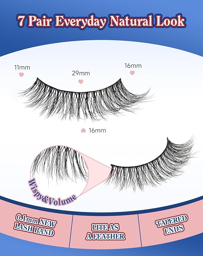 Natural Lashes Wispy False Eyelashes Strip Flared Natural Look Eyelash CatEye Lash Soft Lashes Fluffy Mink Eyelash Pack 7 Pairs 16MM D76-GlimoraGlow