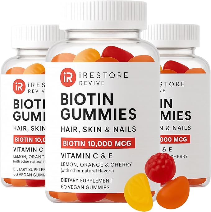 iRestore Hair Gummy Vitamins, Vegan Biotin Gummies for Hair Skin and Nails, Hair Growth Gummies for Women & Men, Biotin 10,000mcg, 3PK-GlimoraGlow