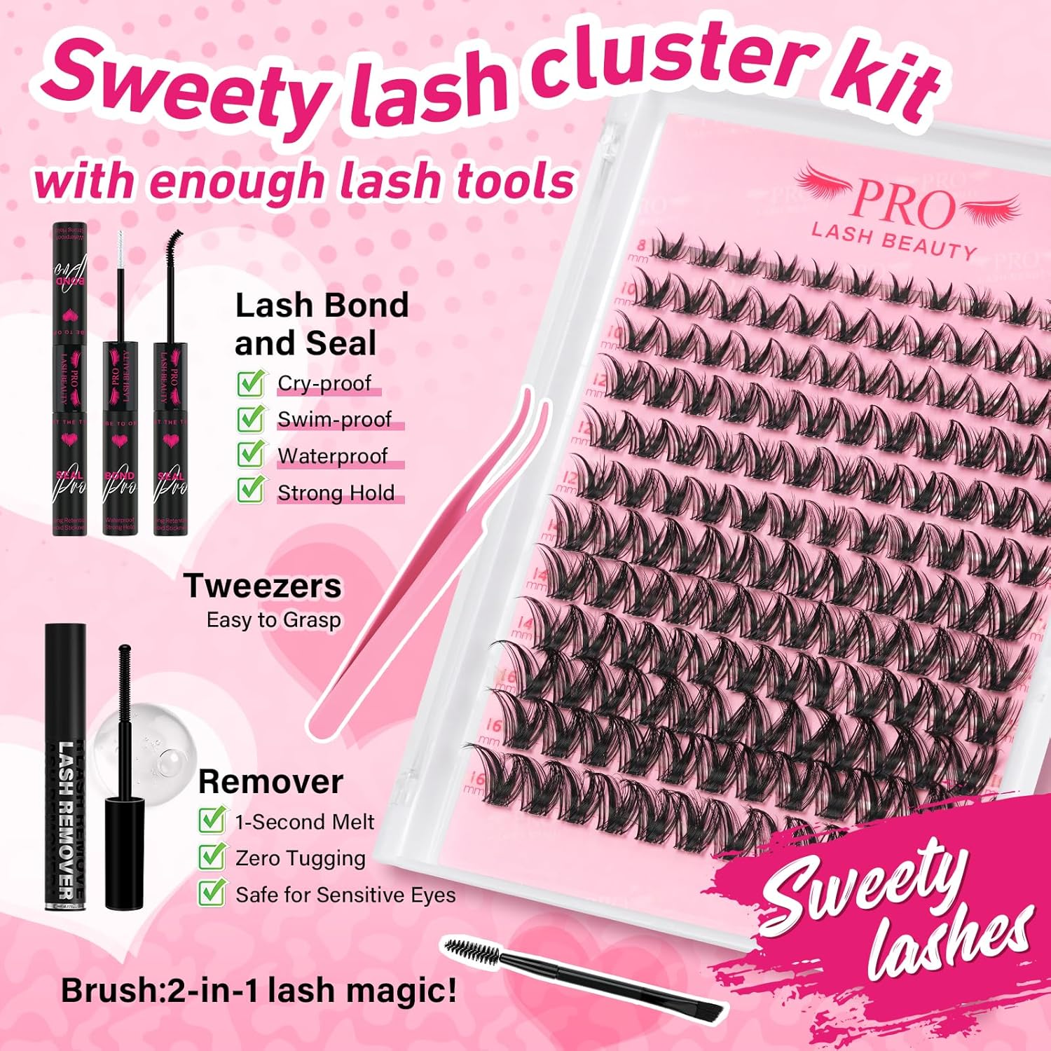 PRO LASHBEAUTY Manga Lash Clusters Kit with Lash Bond and Seal Eyelash Applictor Lash Remover DIY Lash Extension Kit for Beginner Waterproof Resuable Eyelash Extensions at Home (Sweety,8-16mix)-GlimoraGlow