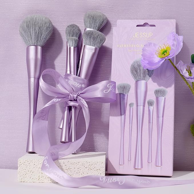 Jessup Makeup Brushes Face 5pcs, Premium Synthetic Make Up Brushes Set for Foundation Contour Blush Highlighter and Powder, Luxury Purple T514-GlimoraGlow