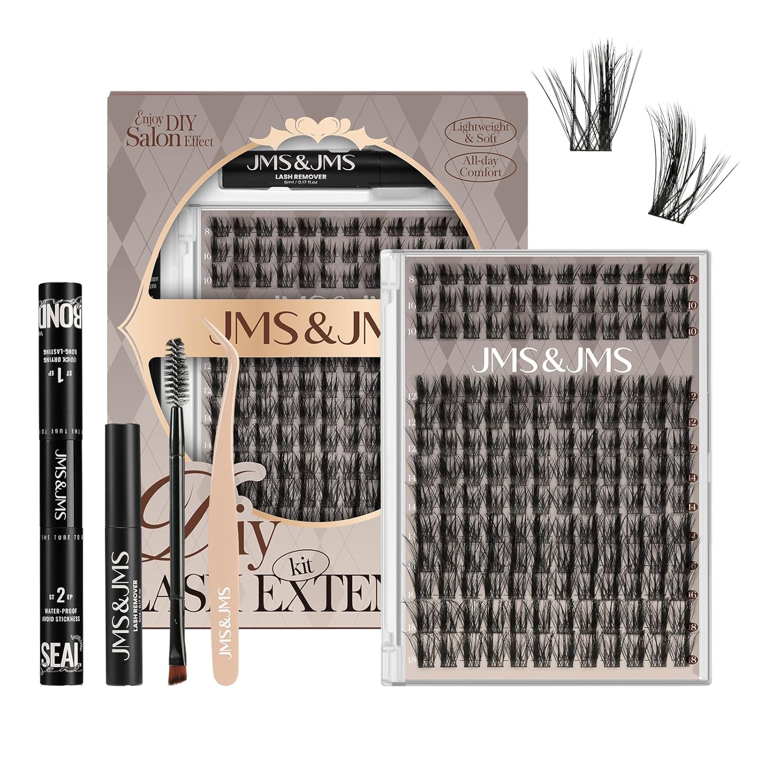 JMS&JMS Lash Clusters Kit 156Pcs CC Curl Lash Extension Kit with Lash Bond and Seal Eyelash Applictor Lash Remover Eyelash Brush Lash Extension Kit for Beginner (Side Spike-8-18mix)-GlimoraGlow
