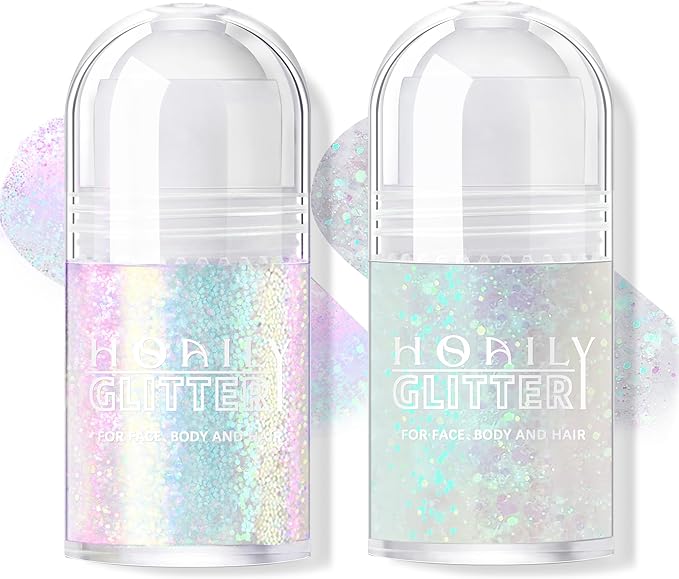 2 Colors Roll-on Body Glitter Gel, Holographic Glitter Gel Under Light for Face Hair, Body Shimmer for Rave Accessories Christmas New Year Halloween Makeup (8+11)-GlimoraGlow