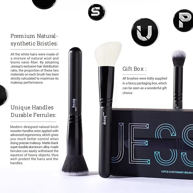 Jessup Makeup Brush Set 10pcs Black Make up Brushes Set Professional with Natural Synthetic Hair for Foundation Blending Blush Concealer Eyeshadow Eyebrow Eyeliner, T323-GlimoraGlow