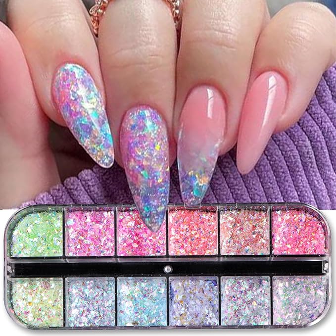 12 Colors Mermaid nail art glitter sequins Iridescent Ice Slag nail glitter flakes Ultra Thin Nail Art Designs 3D holographic nail sequins for Nail Art Supplies Manicure Decoration Accessories-GlimoraGlow