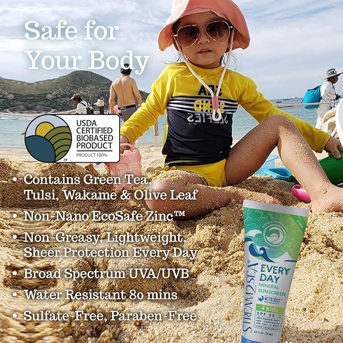 SPF 45 Every Day Kids Mineral Sunscreen | 2.5 Fl Oz Biodegradable, Paraben Free & Reef Safe Sunscreen for Face & Body for Kids | Non-Greasy, Lightweight & Sheer Mineral Protection Against UVA & UVB-GlimoraGlow