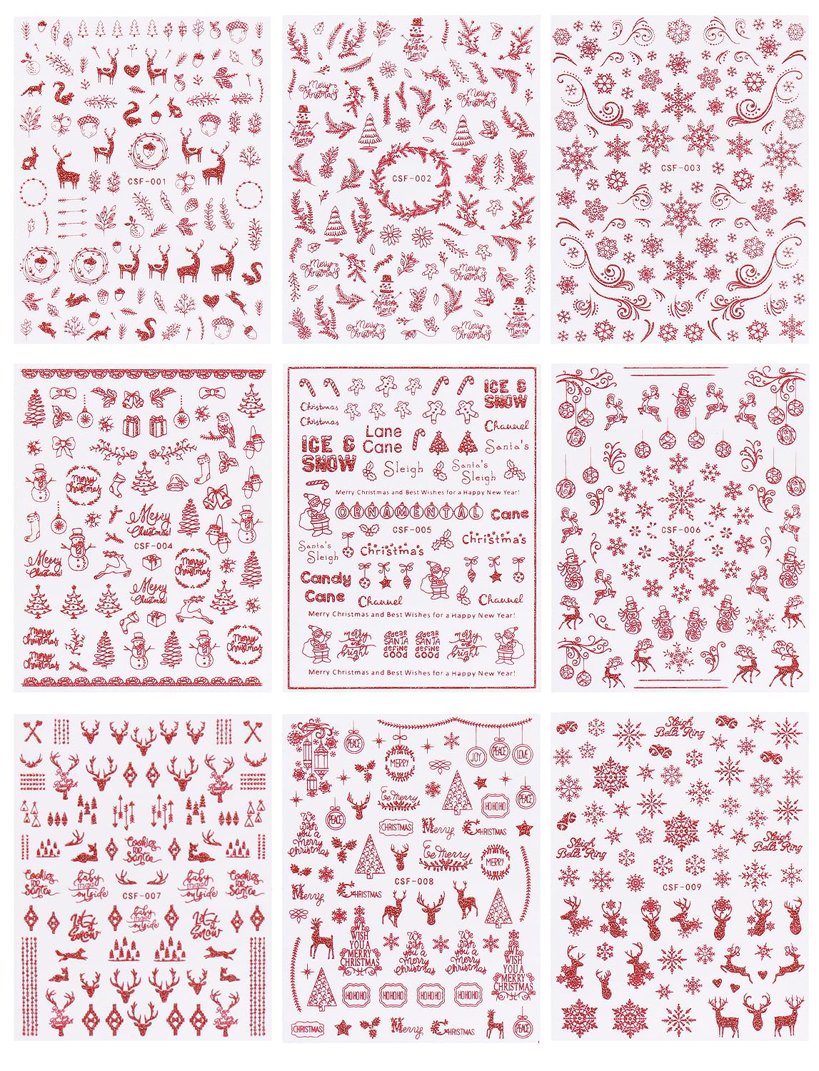 JMEOWIO 9 Sheets Christmas Glitter Nail Art Stickers Decals Self-Adhesive Red Nail Supplies Nail Art Design Decoration Accessories-GlimoraGlow