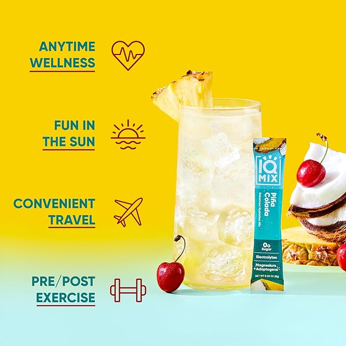 IQMIX Hydration Electrolyte Powder – 4-in-1 Formula for Hydration, Mental Clarity, Mood and Recovery – Sugar-Free Drink Mix, Keto, Magnesium L-Threonate, Lion’s Mane – 40 Count Piña Colada-GlimoraGlow