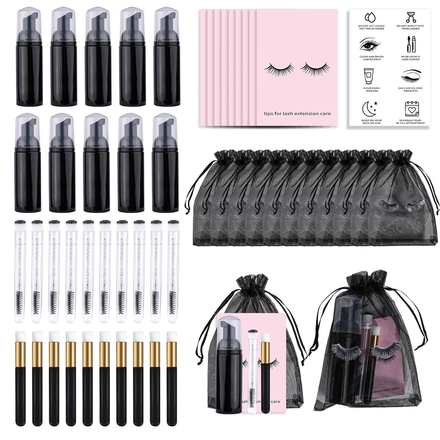 50PCS Lash Shampoo Bottles Brushes Set, Empty Lash Shampoo Bottle, Lash Cleaning Brush, Eyelash Extension Tube Brush, Instructions Cards, Aftercare Bags for Lash Business Clients (50pcs in black)-GlimoraGlow