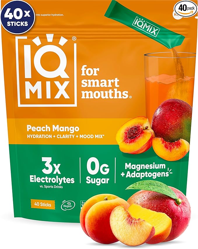 IQMIX Hydration Electrolyte Powder – 4-in-1 Formula for Hydration, Mental Clarity, Mood and Recovery – Sugar-Free Drink Mix, Keto, Magnesium L-Threonate, Lion’s Mane – 40 Count Peach Mango-GlimoraGlow