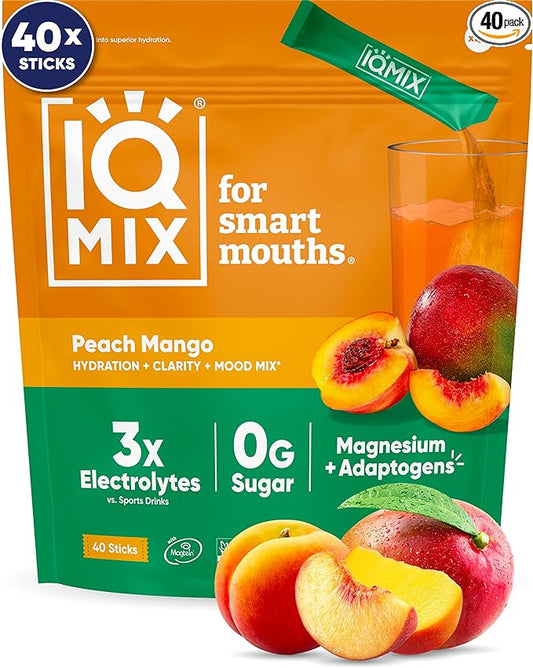 IQMIX Hydration Electrolyte Powder – 4-in-1 Formula for Hydration, Mental Clarity, Mood and Recovery – Sugar-Free Drink Mix, Keto, Magnesium L-Threonate, Lion’s Mane – 40 Count Peach Mango-GlimoraGlow