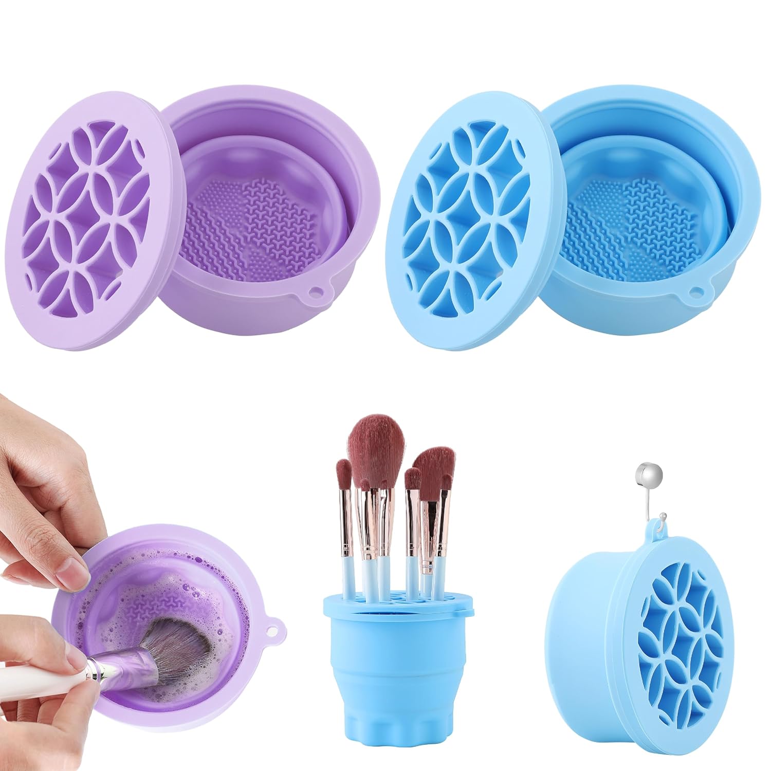 Makeup Brush Cleaner - Foldable Silicone Makeup Brush Cleaner Mat with Brush Storage Holder Makeup Brush Cleaning Bowl Cosmetic Brush Washing Tool for Cleaning Organizer and Drying (Purple and Blue)-GlimoraGlow