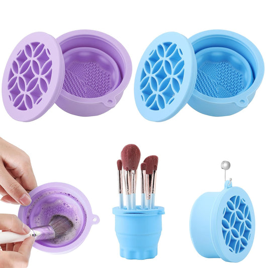 Makeup Brush Cleaner - Foldable Silicone Makeup Brush Cleaner Mat with Brush Storage Holder Makeup Brush Cleaning Bowl Cosmetic Brush Washing Tool for Cleaning Organizer and Drying (Purple and Blue)-GlimoraGlow