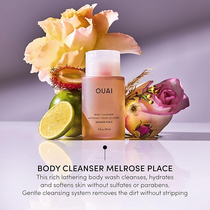 OUAI Body Cleanser Travel Size, Melrose Place - Foaming Body Wash with Jojoba Oil & Rosehip Oil to Hydrate, Balance & Soften Skin - Paraben, Phthalate, Sulfate Free Skin Care Products (3 Fl Oz)-GlimoraGlow