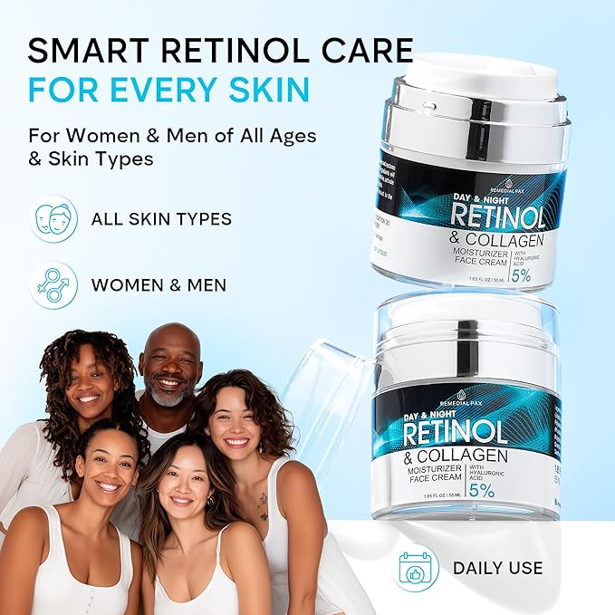 Face Moisturizer Retinol Cream, Anti Aging Neck Firming Cream, Collagen Day & Night Face Cream with Hyaluronic Acid for Women & Men, 1.85 Fl Oz-GlimoraGlow