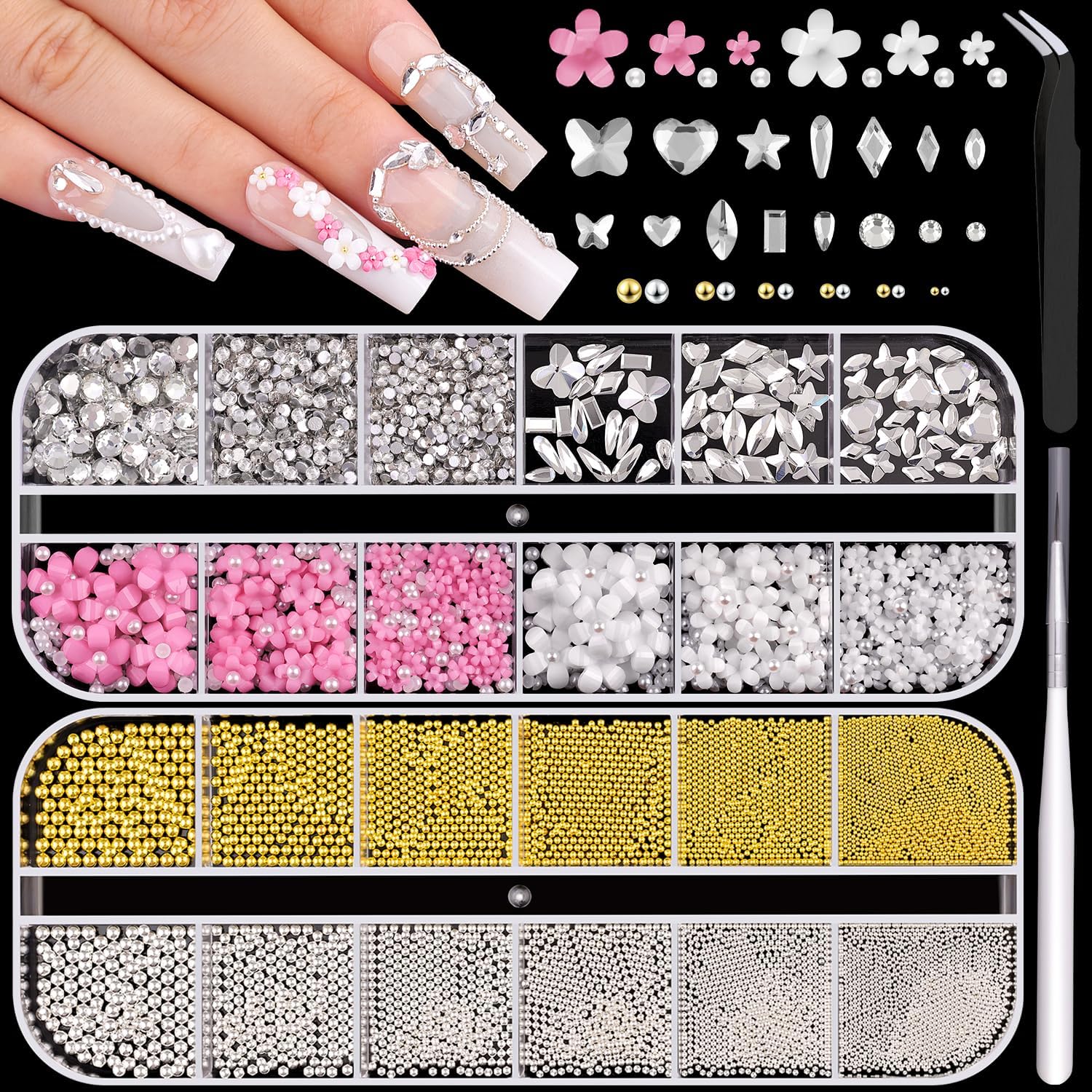 2 Boxes Metal Nail Beads (Silver+Gold) and 3D Flowers and Glass Rhinestones (Clear) for Art, Half Flatback Pearls (White) Crystals Pearl Nail Charms and Round Caviar Beads for Manicure Decor-GlimoraGlow