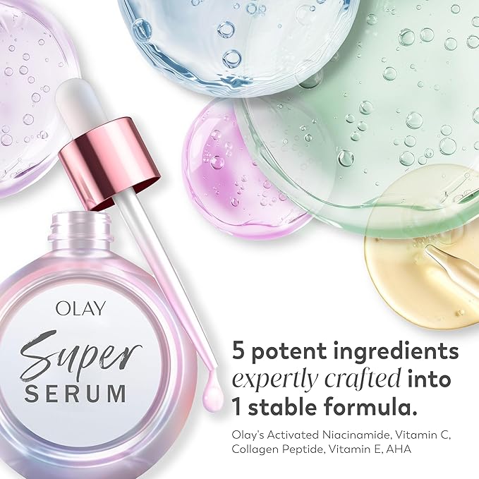 Olay Super Serum - Niacinamide, Vitamin C & E, Collagen Peptide, AHA - 5-in-1 Skin Care Benefits for Face - Healthy Glow, Brightening, Hydrating, Smoothing, Firming, Evens Tone, Anti-Aging, 1.7 Oz-GlimoraGlow