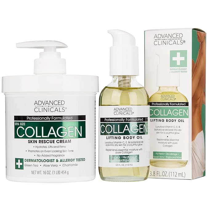 Advanced Clinicals Collagen Body Oil + Unscented Collagen Cream Body Lotion & Face Cream 2PC Beauty Skin Care Set For Women & Men For Improving Appearance Of Crepey Skin, Dry Skin, & Wrinkles, 2pc-GlimoraGlow