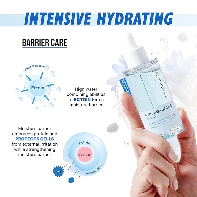 Nightingale Ecto-hyaluronic Ampoule with Hyaluronic Acid, Ectoin, Hydrating Face Serum for Dry Skin, Non-greasy formula, Hypoallergenic, Fragrance & Alcohol Free, Allergen Free, Cruelty Free, Vegan-GlimoraGlow