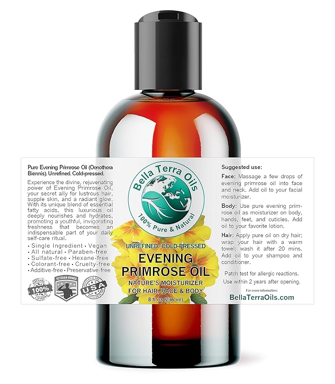 Bella Terra Oils - Organic Evening Primrose Oil 8 oz - Harvested for Excellence, Packed with Nutrients & Omega-6, Perfect Elixir for Enhancing Natural Beauty-GlimoraGlow