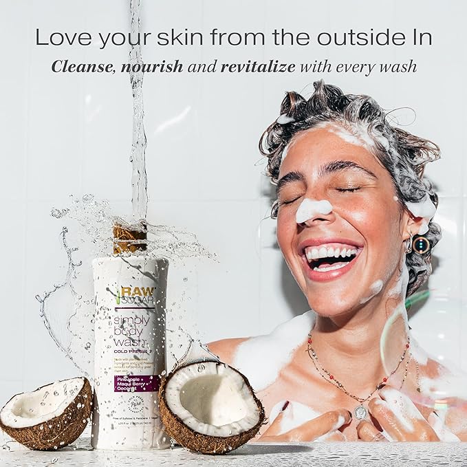 RAW SUGAR Simply Body Wash, (25 Fl Oz, Pack of 1) Bath Soap, Formulated without Sulfates & Parabens (Pineapple + Maqui Berry + Coconut)-GlimoraGlow
