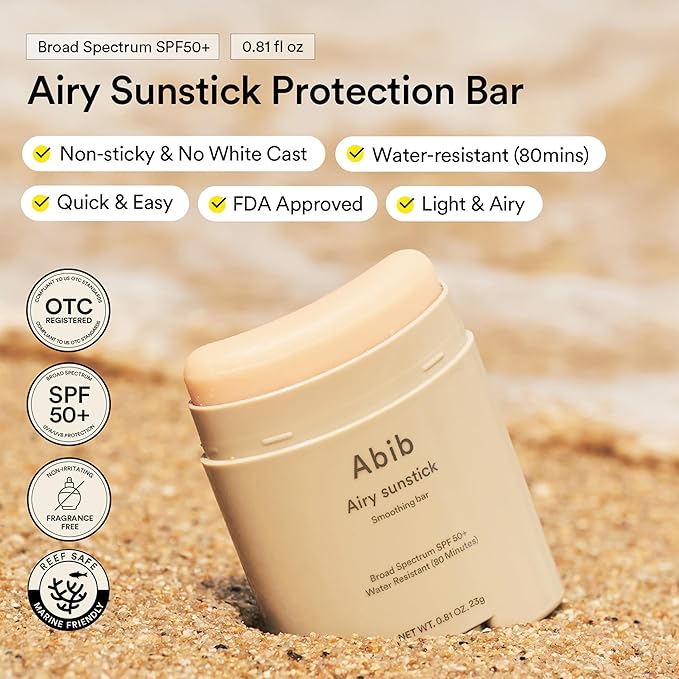 Abib Airy Sunstick Protection Bar Broad Spectrum SPF50+ 0.81 oz / 23 g (Semi-matte) | Korean Suncreen Stick Suncare Sunblock, No Whitecast, Protector Solar Barra, Water resistant-GlimoraGlow