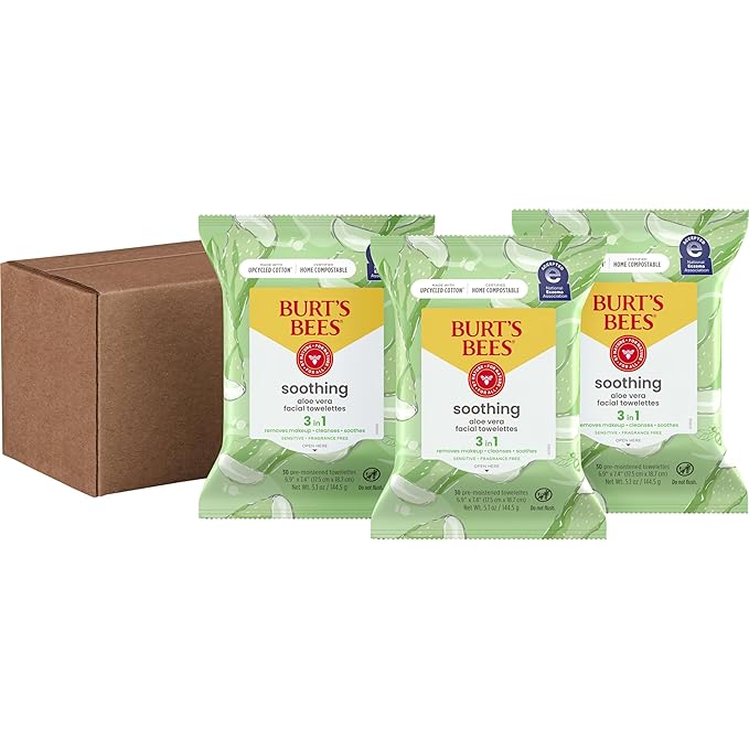 Burt's Bees Back To School Dorm Essentials, Aloe Vera Face Wipes, for Sensitive Skin, Soothing Makeup Remover & Facial Cleansing Towelettes, 30 Ct. (3-Pack)-GlimoraGlow