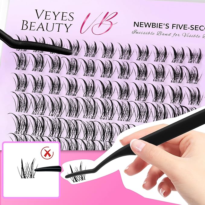 VEYESBEAUTY Lash Clusters Eyelash Extensions Thin & Invisible Band DIY Individual False Eyelashes Newbie's Five-Second Series Wispy Lash Tray for Self-application, Sylph Lashes 8-18mm Mixed Length-GlimoraGlow