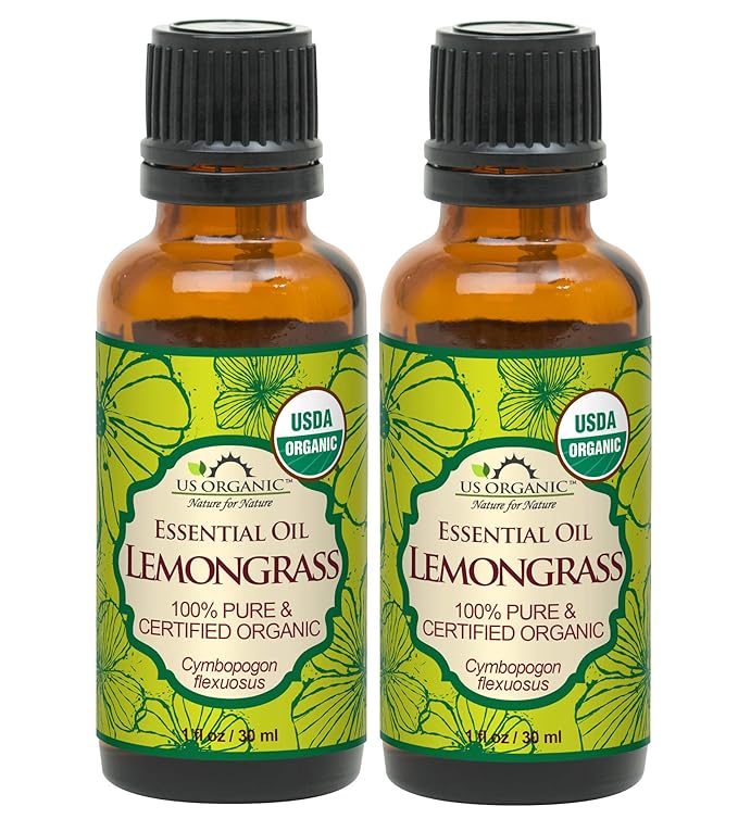 US Organic 100% Pure Lemongrass Essential Oil, USDA Certified Organic, Extracted by Steam Distillation Method, for Hair, Nail Polish Remover, Bees Attraction, and More. 30 ml, Value 2 Pack-GlimoraGlow