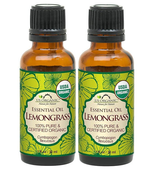 US Organic 100% Pure Lemongrass Essential Oil, USDA Certified Organic, Extracted by Steam Distillation Method, for Hair, Nail Polish Remover, Bees Attraction, and More. 30 ml, Value 2 Pack-GlimoraGlow