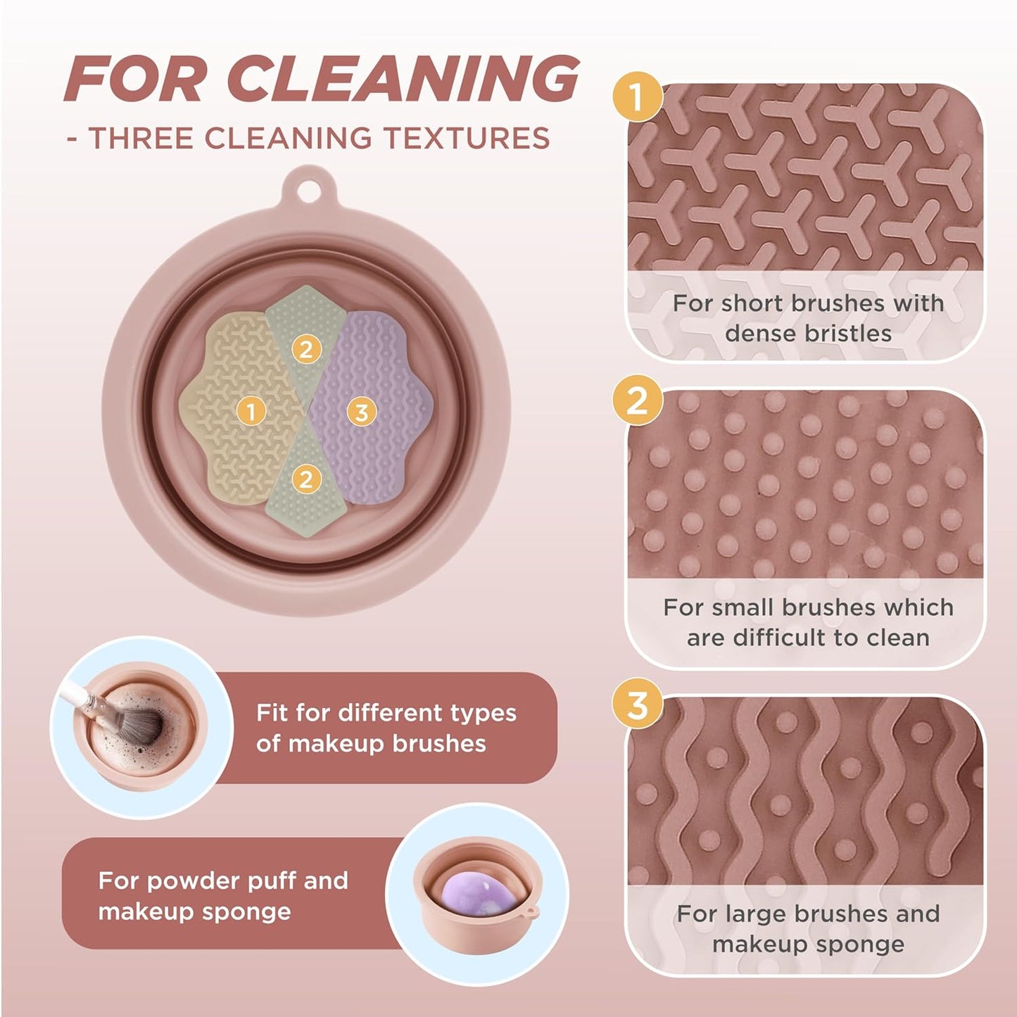 Makeup Brush Cleaner - Foldable Silicone Makeup Brush Cleaner Mat with Brush Storage Holder Makeup Brush Cleaning Bowl Cosmetic Brush Washing Tool for Cleaning Organizer and Drying (Nude Pink)-GlimoraGlow