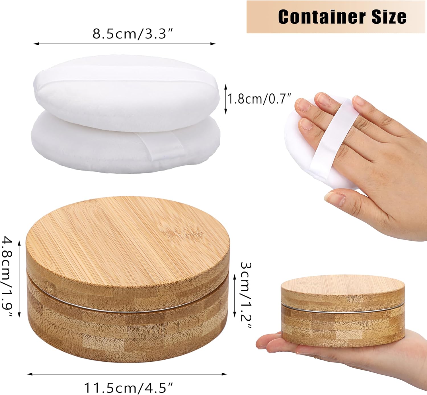 ELLDOO Body Powder Puff and Container, 10oz Empty Bamboo Case with Aluminum Inner Jar, Travel Loose Dusting Powder Storage Box with 2pcs Powder Puffs for Baby Women-GlimoraGlow