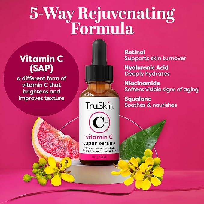 TruSkin Vitamin C Super Serum - Niacinamide, Retinol, Hyaluronic & Salicylic Acid - All-in-One Anti Aging Serum for Face – Improve Appearance of Dark Spots, Firmness for Brighter Looking Skin, 1 Fl Oz-GlimoraGlow