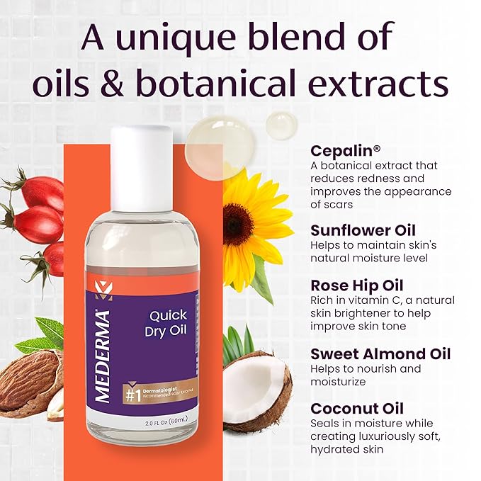 Mederma Quick Dry Oil, Scar and Stretch Mark Treatment, Helps to Improve the Appearance of Scars and Stretch Marks, with Natural Botanical Extracts, Paraben Free, Fast-Absorbing, 2.02oz (60ml)-GlimoraGlow