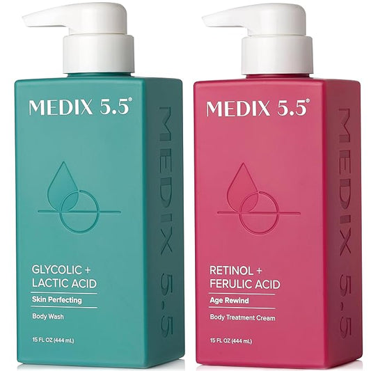 MEDIX 5.5 Exfoliating AHA Glycolic Acid Face & Body Scrub Cleanser + Retinol Moisturizing Body Cream Lotion Skin Care 2PC Set | Alpha Hydroxy Acid & Lactic Acid Foaming Body Wash & Face Wash, 2-PC-GlimoraGlow