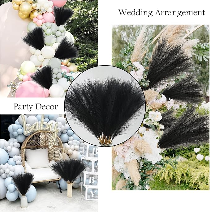 50pcs Faux Pampas Grass, 21.6" Short Artificial Pompous Grass Floral Fake Pompas Grass Branches Vase Filler Flower Arrangement for Home Wedding Boho Decor, Black